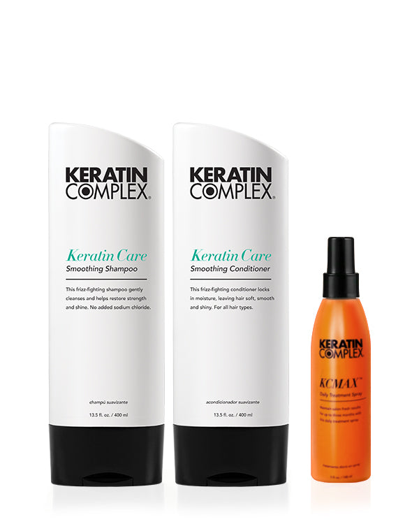 Keratin Care Smoothing Shampoo and conditioner and KCMAX Daily Treatment on white background 