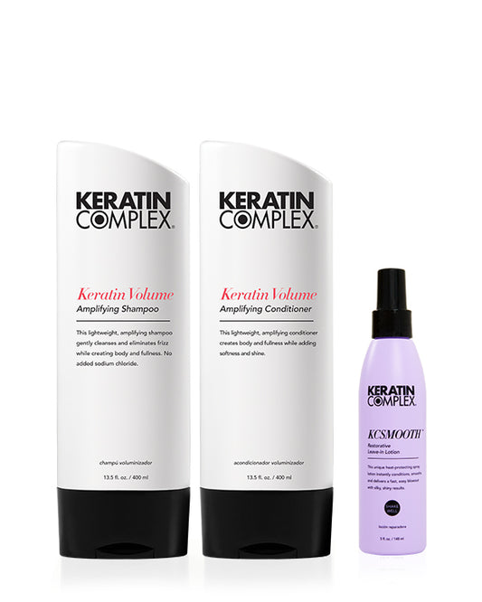 Keratin Volume Shampoo and Conditioner and KCSMOOTH Leave-In on a white background