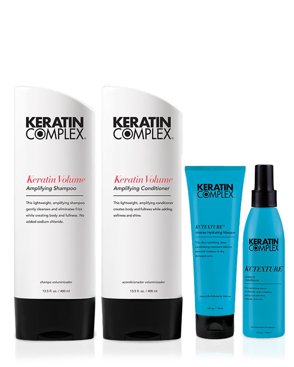 Keratin Volume Shampoo and conditioner, KCTEXTURE Masque, KCTEXTURE leave-in on a white background 