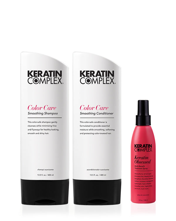 Color Care shampoo and conditioner and keratin obsessed on a white background 