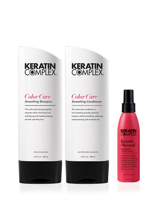 Color Care shampoo and conditioner and keratin obsessed on a white background 