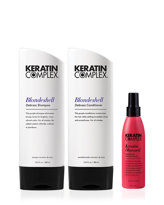 Blondeshell shampoo and conditioner and keratin obsessed on a white background