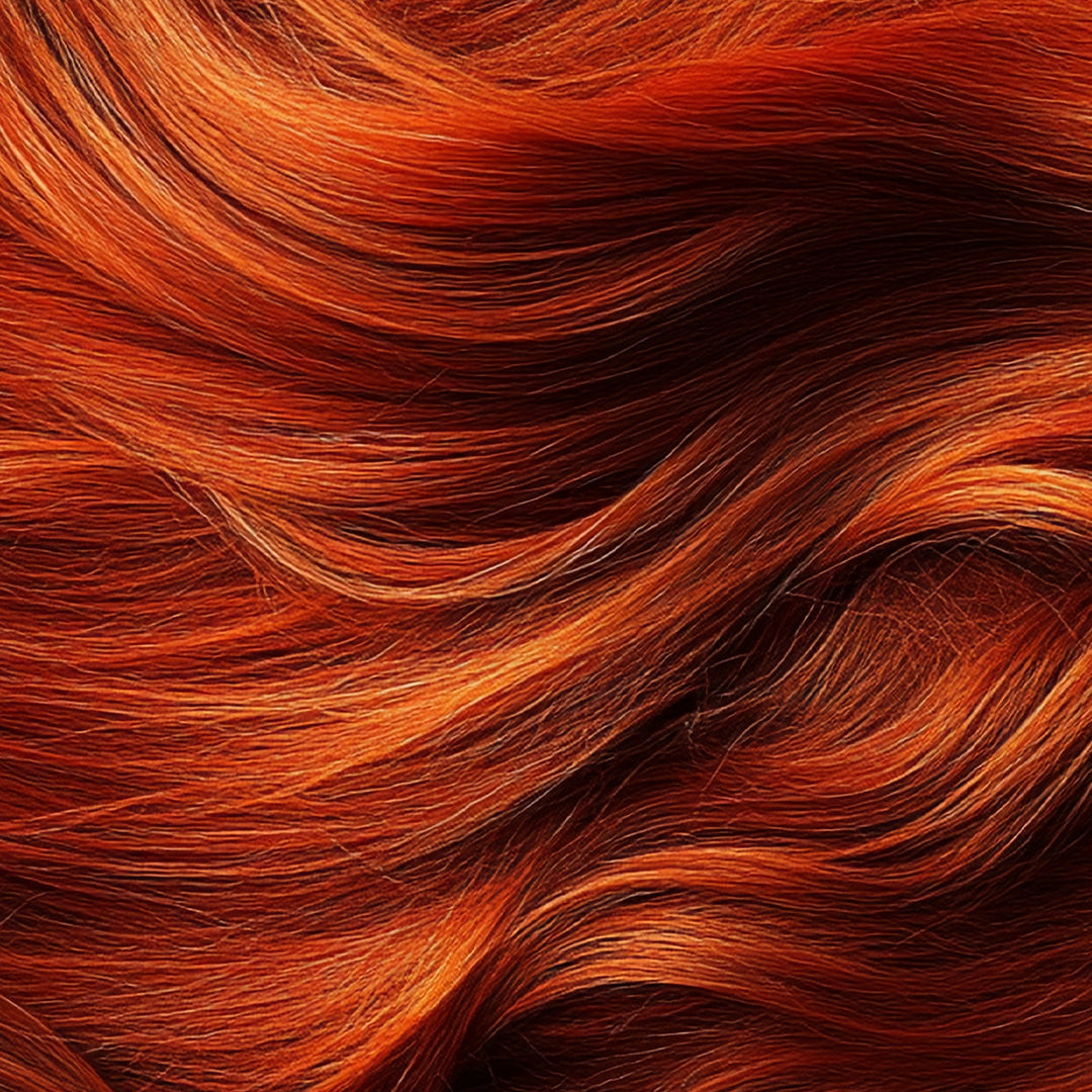 Close-up of rich, deep red hair with flowing waves, emphasizing the vibrant color and glossy texture