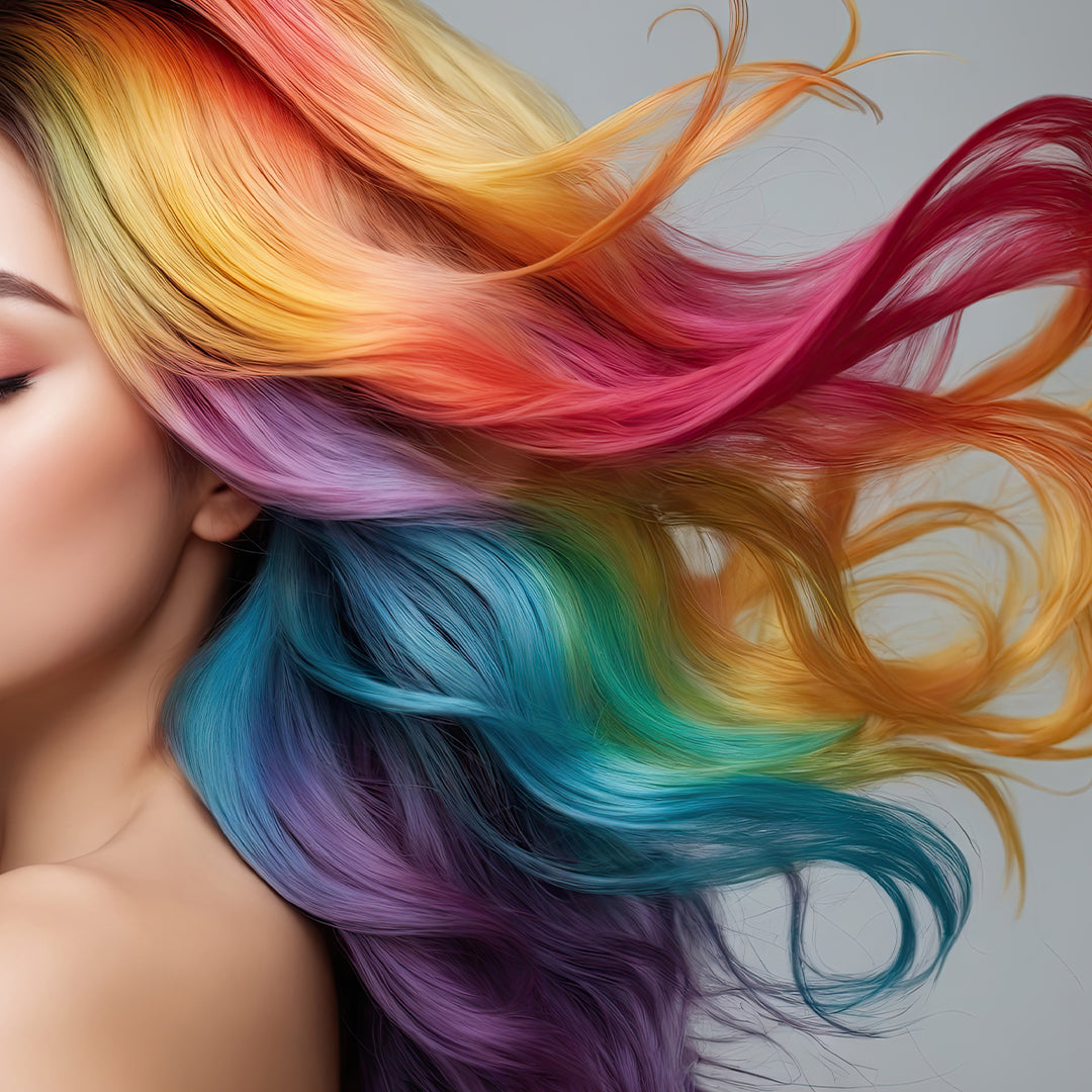 A model with vibrant rainbow-colored hair in shades of red, orange, yellow, green, blue, and purple, flowing in a dynamic wave to highlight each color.