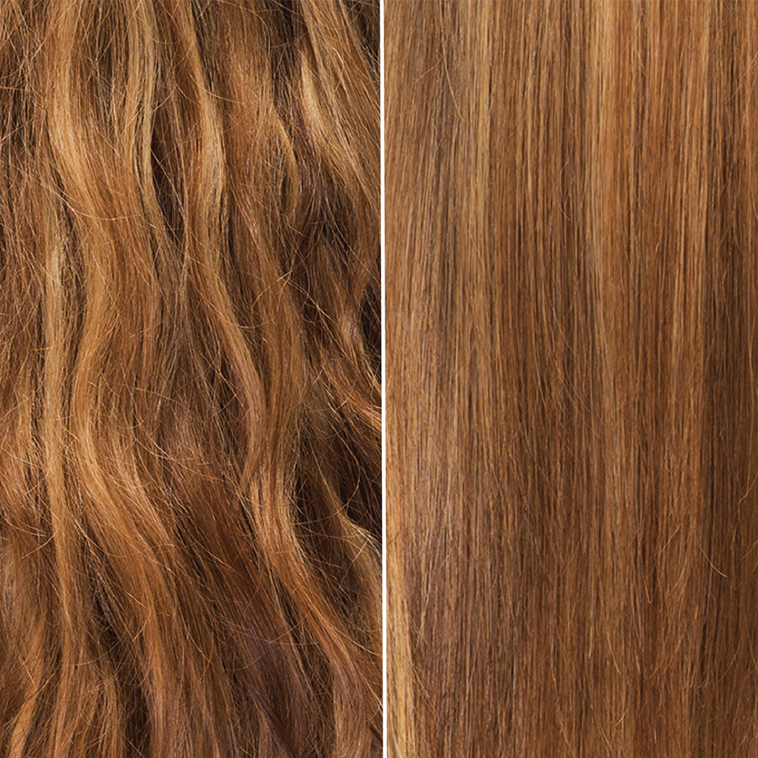  A side-by-side comparison of wavy, frizzy brown hair on the left and sleek, straightened hair on the right, showcasing the smoothing treatment effect.