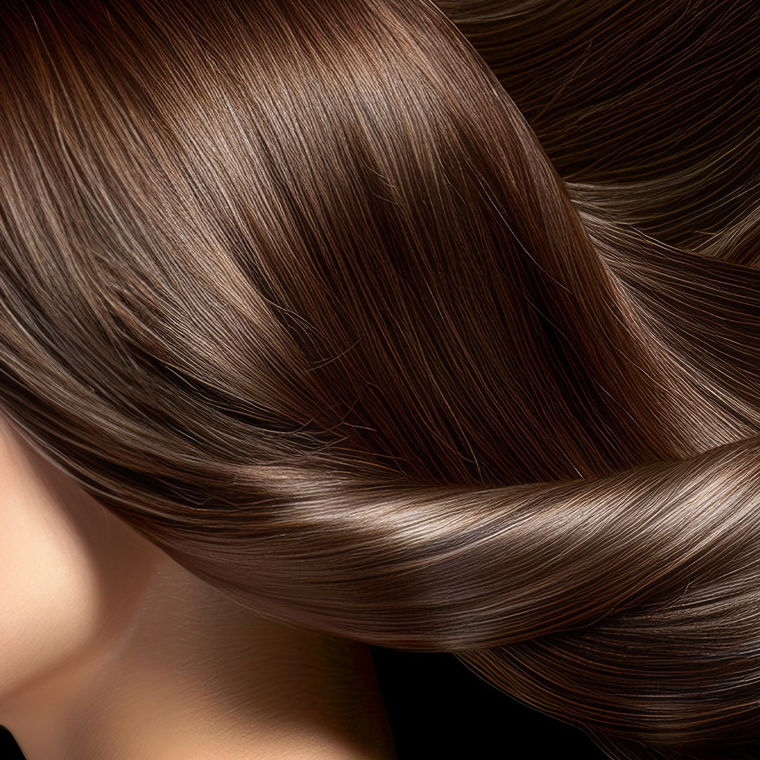 Close-up of smooth, glossy brunette hair with rich, dark brown tones, highlighting the healthy, reflective shine and texture.

