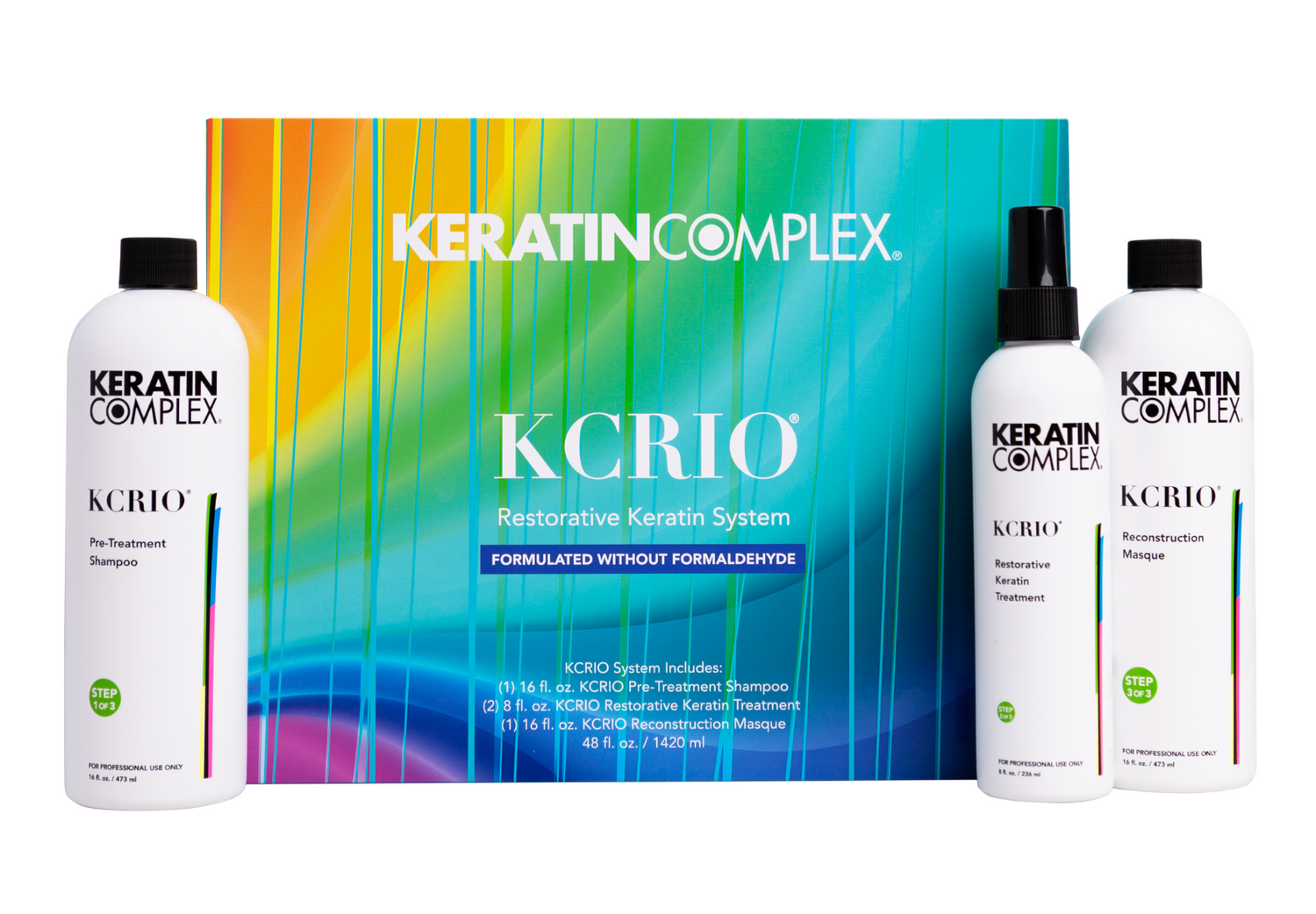 A large KCRIO Restorative Keratin System kit against a white background, surrounding the box are three products
