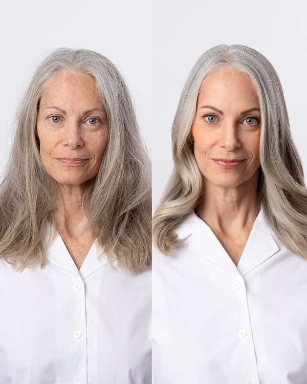 Before and after of a woman with long gray hair — on the left, her hair is frizzy; on the right, it’s smooth 