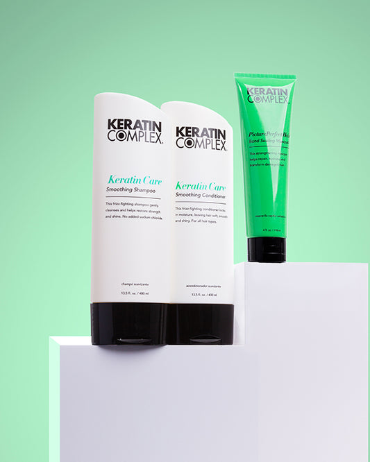 Keratin Care shampoo and conditioner and PicturePerfect Hair on a green background