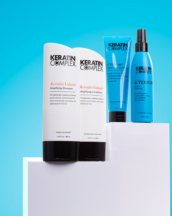 Keratin Volume Shampoo and conditioner, KCTEXTURE Masque, KCTEXTURE leave-in on a blue background 