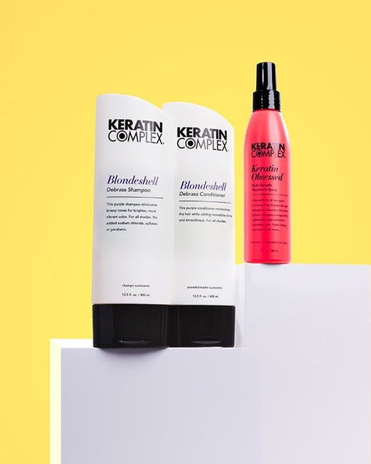 Blondeshell shampoo and conditioner and keratin obsessed on a yellow background