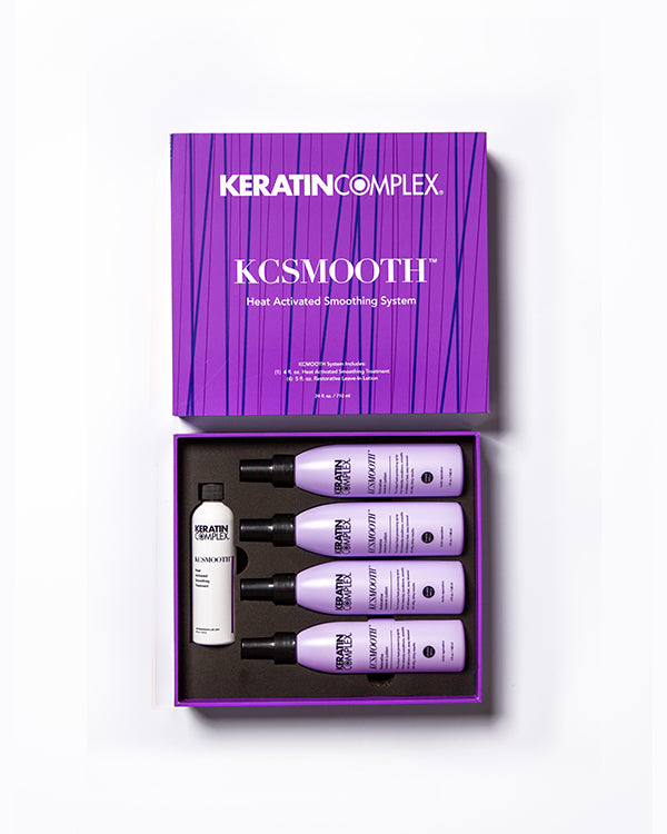 Purple open KCSMOOTH box showing bottle and aftercare on white background 