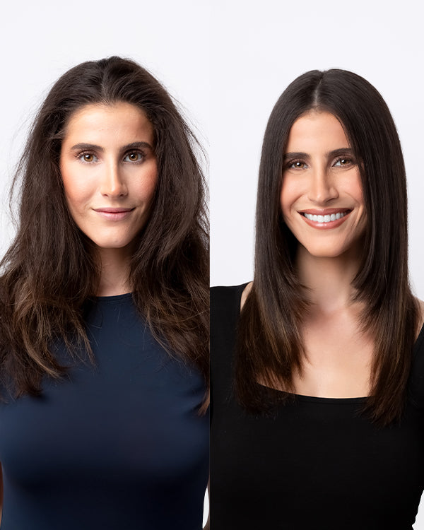 Before and after of a woman with long brunette hair — on the left, her hair is frizzy; on the right, it’s smooth