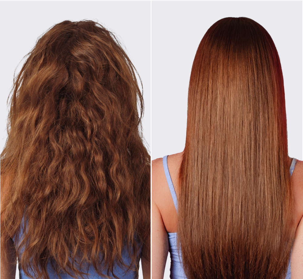 Before and after of wavy, frizzy hair transformed into sleek, straight hair after treatment.