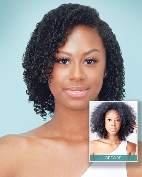 Before and after of model with curly hair 