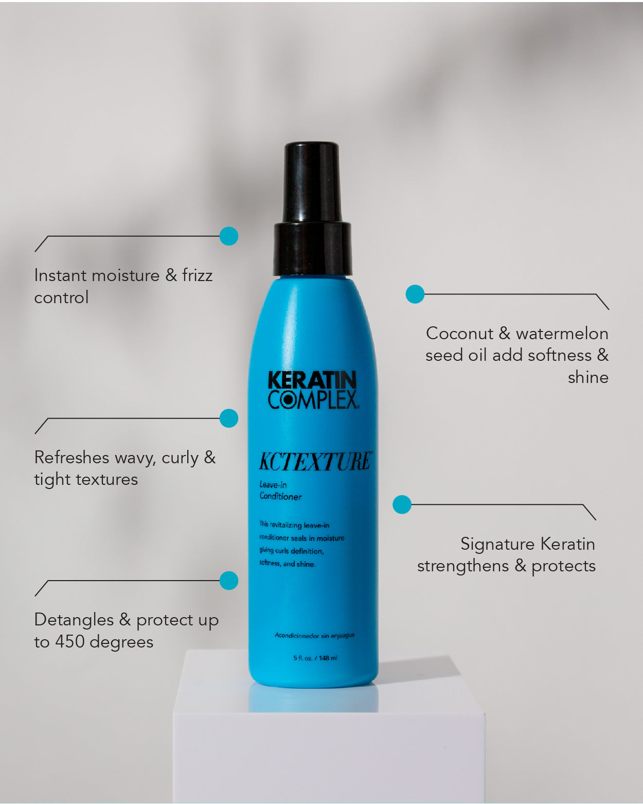 Graphic || Instant moisture $ frizz control, refreshes wavy, curly & tight textures, detangles & protect up to 450 degrees, coconut & watermelon seed oil add softness & shine, signature keratin strengthens & protects 