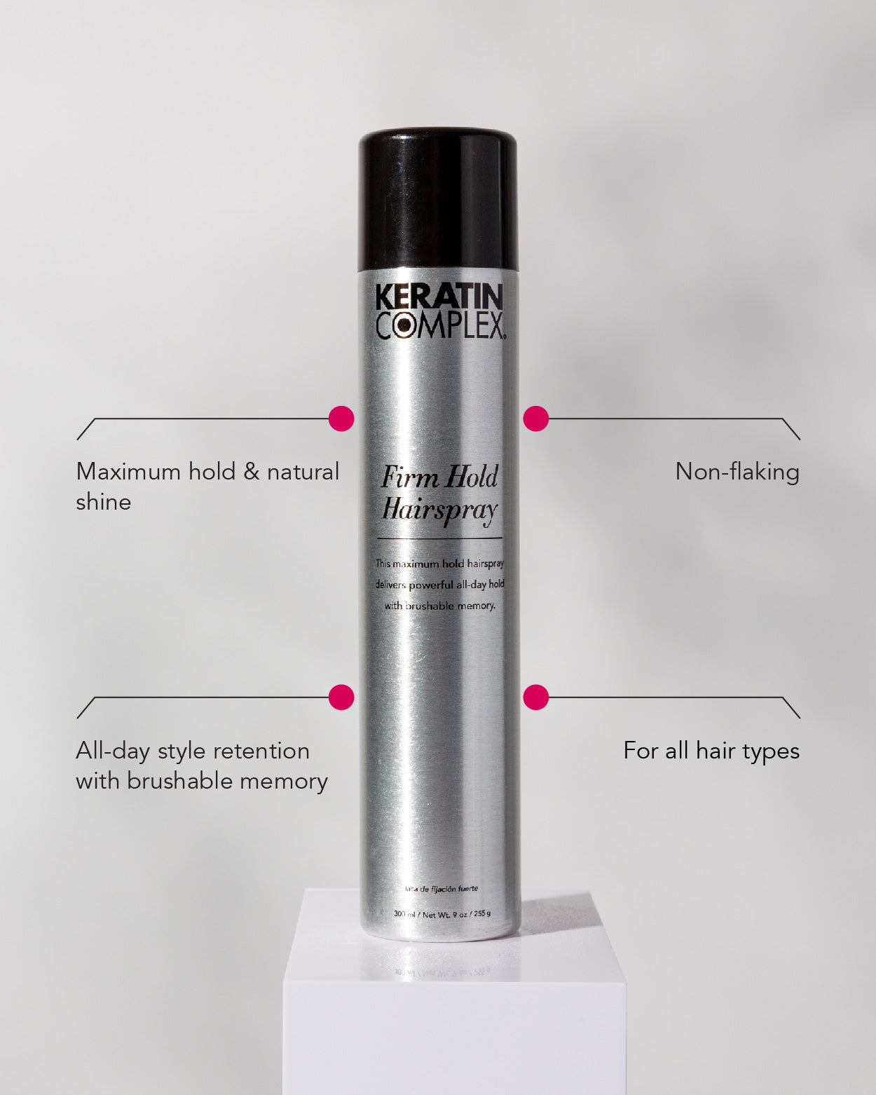 Infographic || Maximum hold & natural shine, all day style retention with brushable memory, non-flaking, for all hair types  