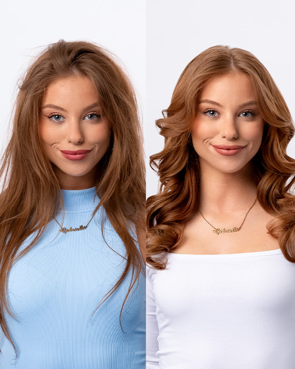 Before and after of a woman with long copper hair — on the left, her hair is frizzy; on the right, it’s smooth, full, and styled with volume.