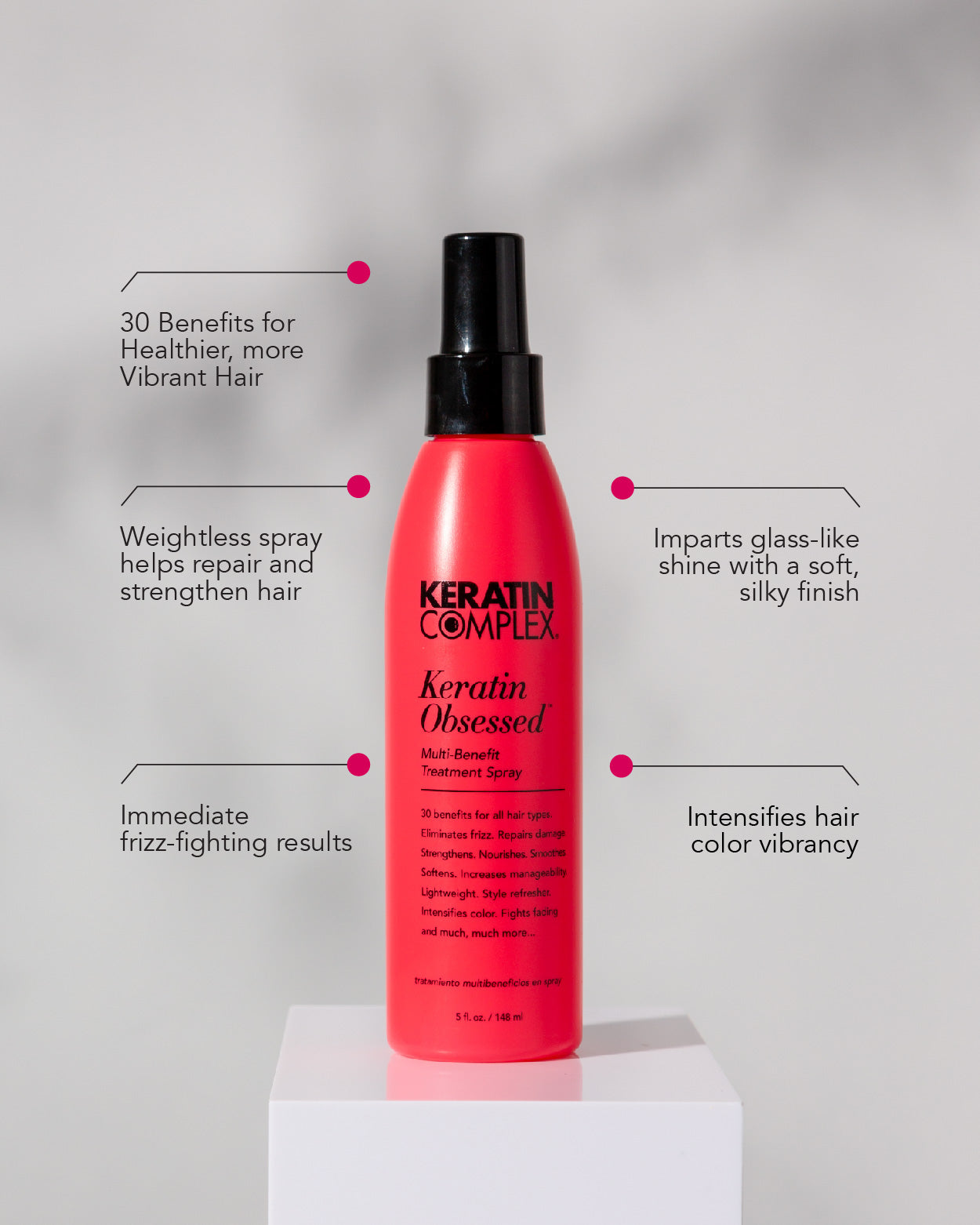 Keratin Obsessed infographic || 30 benefits for healthier, more vibrant hair, Weightless spray helps repair and strengthen hair, Immediate frizz-fighting results, Imparts glass-like shine with a soft silky finish, Intensifies hair color vibrancy 