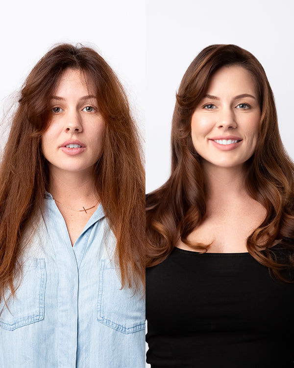 Before and after of a woman with long brunette  hair — on the left, her hair is frizzy; on the right, it’s smooth 