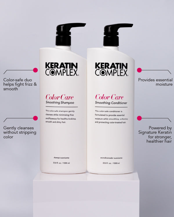 infographic || Color-safe duo helps fight frizz & smooth, gently cleanses without stripping color, provides essential moisture, powered by signature keratin for stronger healthier hair 