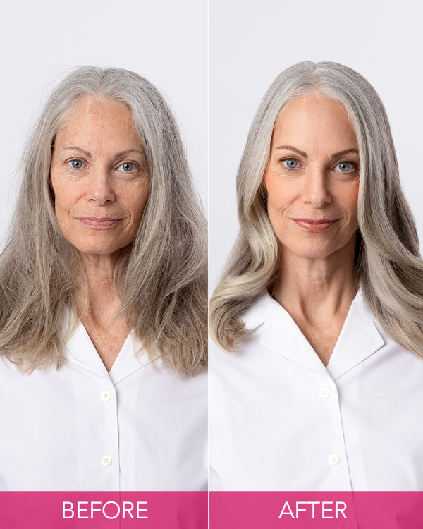 Before and after of model with grey hair 