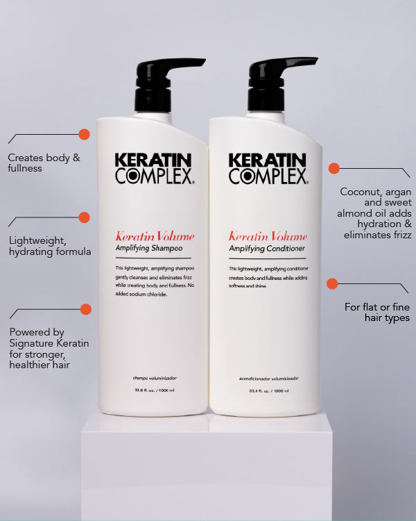 Infographic || Creates body & fullness. Lightweight, hydrating formula powered by Signature Keratin for stronger, healthier hair. Coconut, Argan, and Sweet Almond Oil add hydration & eliminate frizz. For flat or fine hair types.