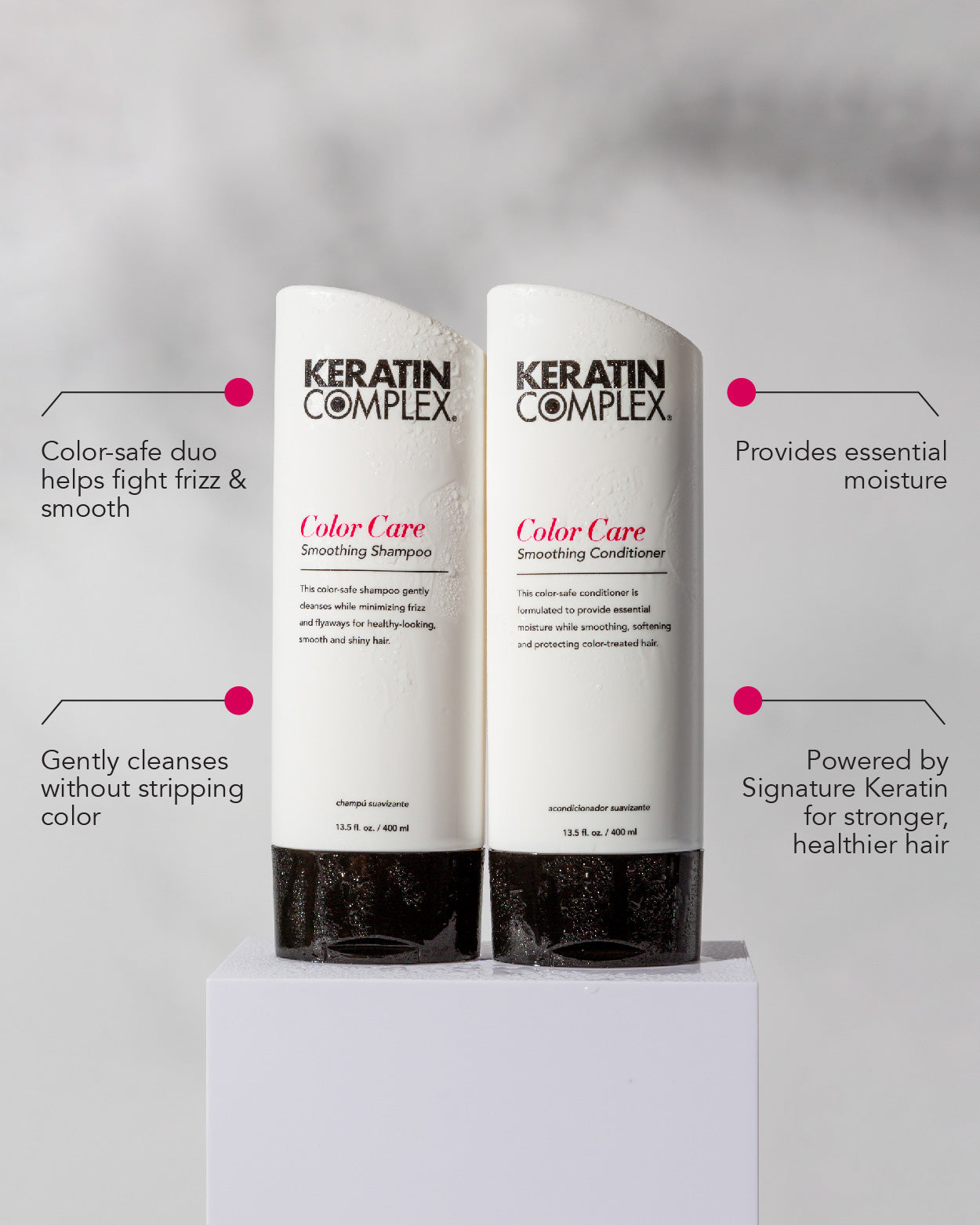 infographic || Color-safe duo helps fight frizz & smooth, gently cleanses without stripping color, provides essential moisture, powered by signature keratin for stronger healthier hair 