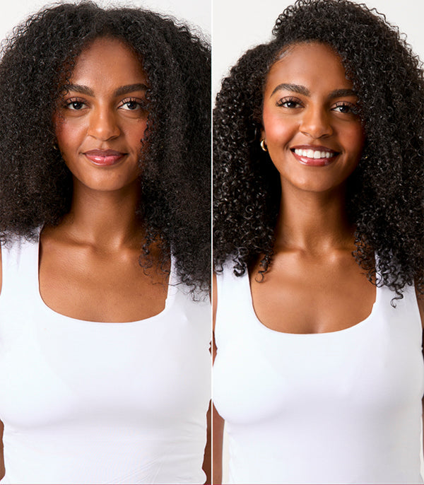 Side-by-side comparison of a woman before and after using a hair care product. On the left, labeled｜BEFORE｜her hair appears dry, frizzy, and less defined. On the right, labeled ｜AFTER｜ her hair looks more defined, moisturized, shiny, and with well-formed curls. 