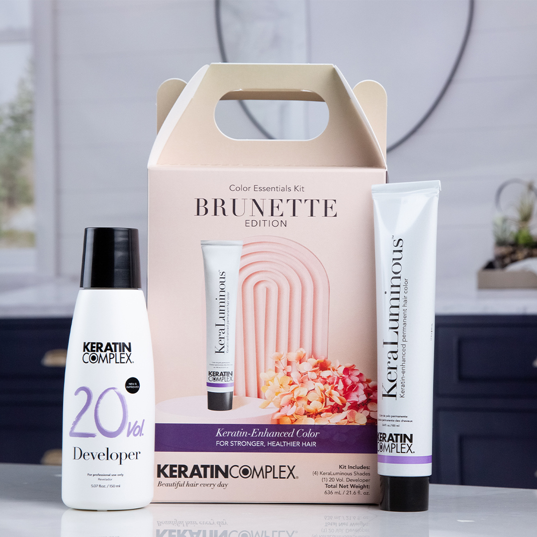 Keratin Complex Color Essentials Kit, Brunette Edition, displayed on a countertop.