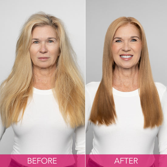 Transformation image of a woman with long, coarse, light blonde hair in the before photo, and sleek, straightened, honey-toned hair in the after photo.  ||BEFORE, AFTER|| 