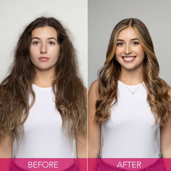 Before and after image of a woman with long, thick, frizzy hair transformed into smooth, voluminous waves. ||BEFORE, AFTER|| 