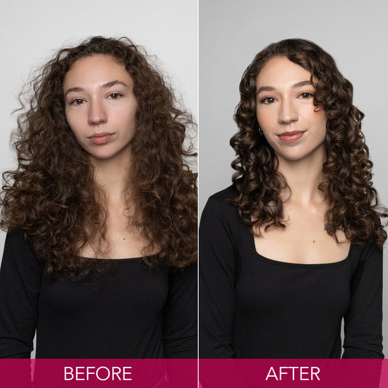 Side-by-side image of a woman with natural, undefined curls in the before photo and defined, shiny curls in the after photo. ||BEFORE, AFTER|| 