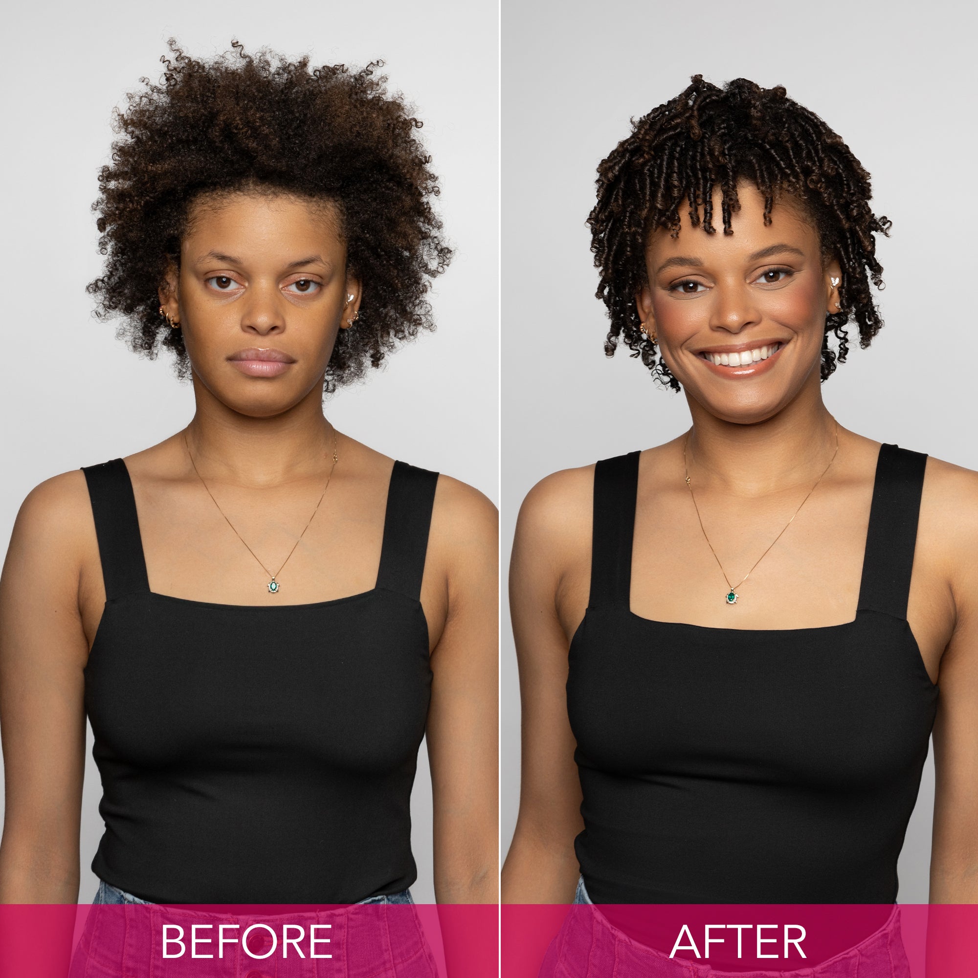 Side-by-side image of a woman with natural, undefined curls in the before photo and defined, shiny curls in the after photo. ||BEFORE, AFTER|| 