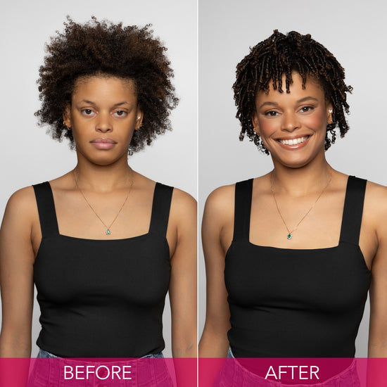 Side-by-side image of a woman with natural, undefined curls in the before photo and defined, shiny curls in the after photo. ||BEFORE, AFTER|| 