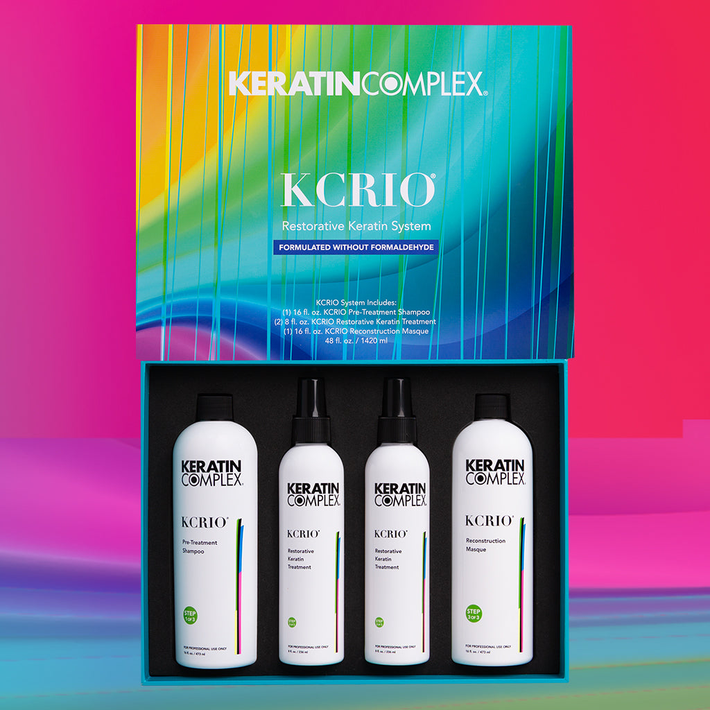 Keratin Complex KCRIO product set with bottles and packaging on a colorful background