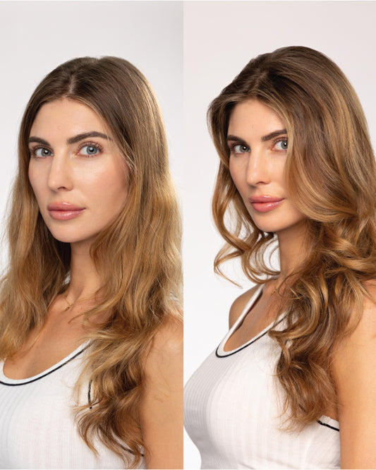 Before and after comparison : the "before" image features flat, while the "after" image showcases enhanced definition and beautifully defined curls.