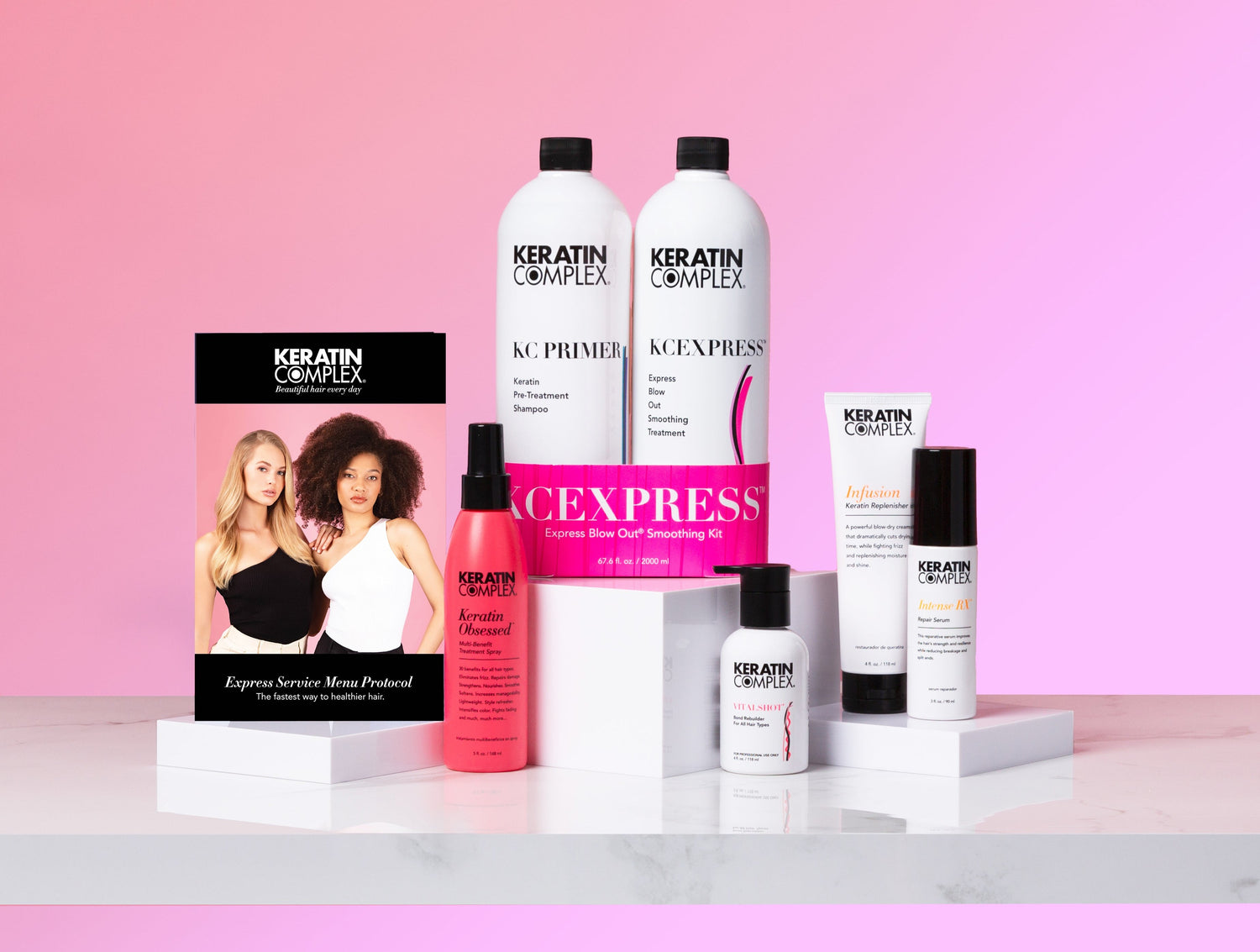 The image shows Keratin Complex products, including "KCEXPRESS," "Keratin Obsessed," "Vitalshot," and a booklet titled "Express Service Menu Protocol," set against a pink background.