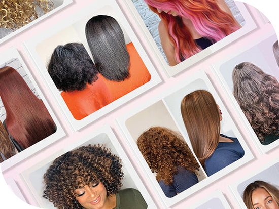 Multiple closeup images of woman's hair, from short and curly to long 