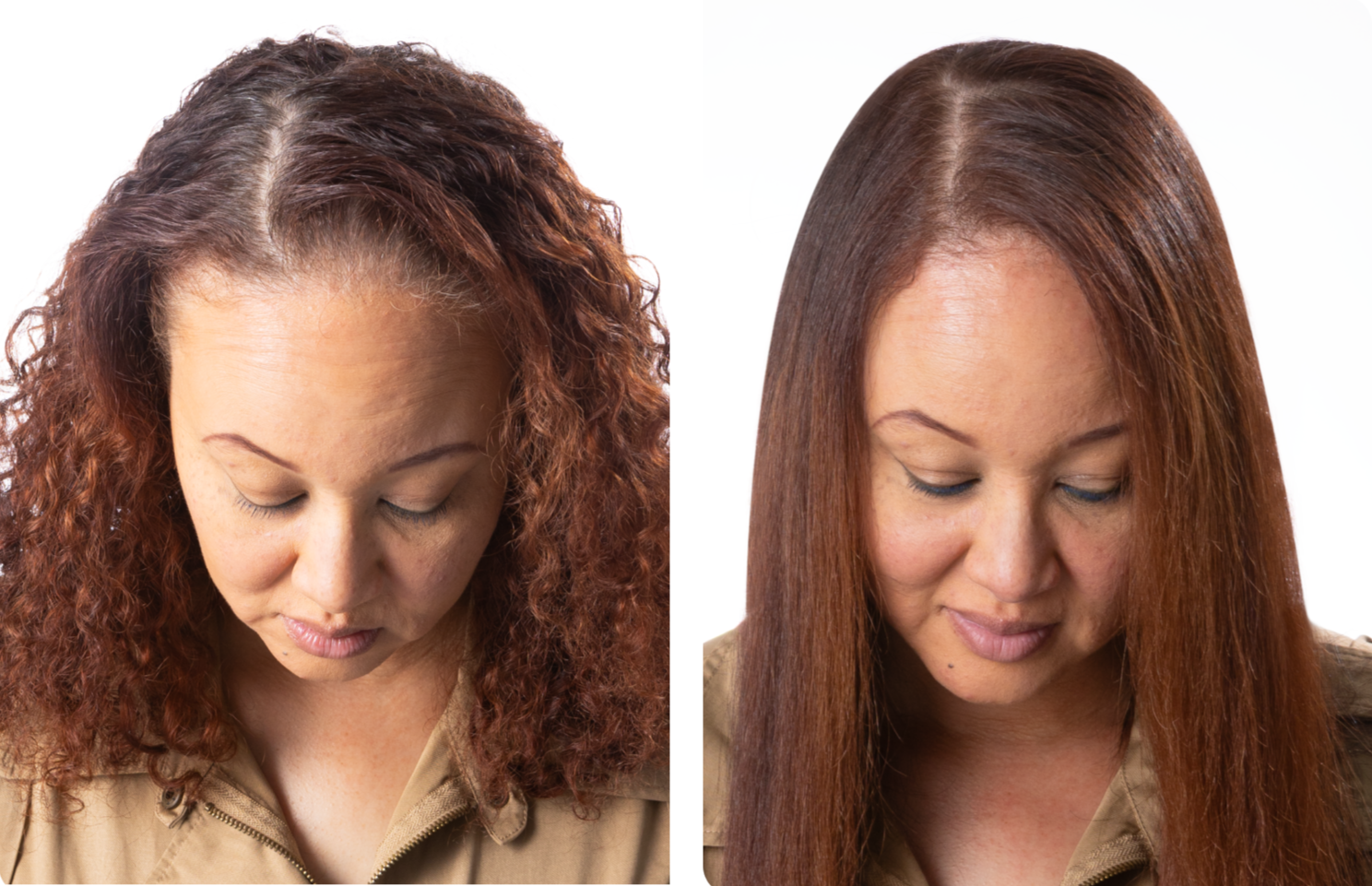 Before and after comparison of a woman with curly hair on the left and straightened hair on after photo. |Before After