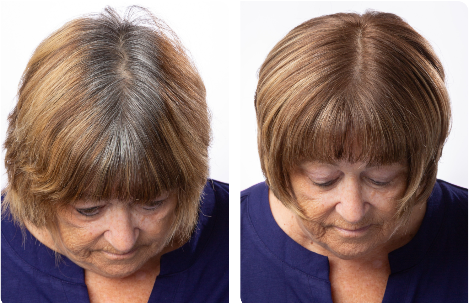 Before and after comparison of a woman's hair with gray roots on the left and shiny hair. ｜Before after