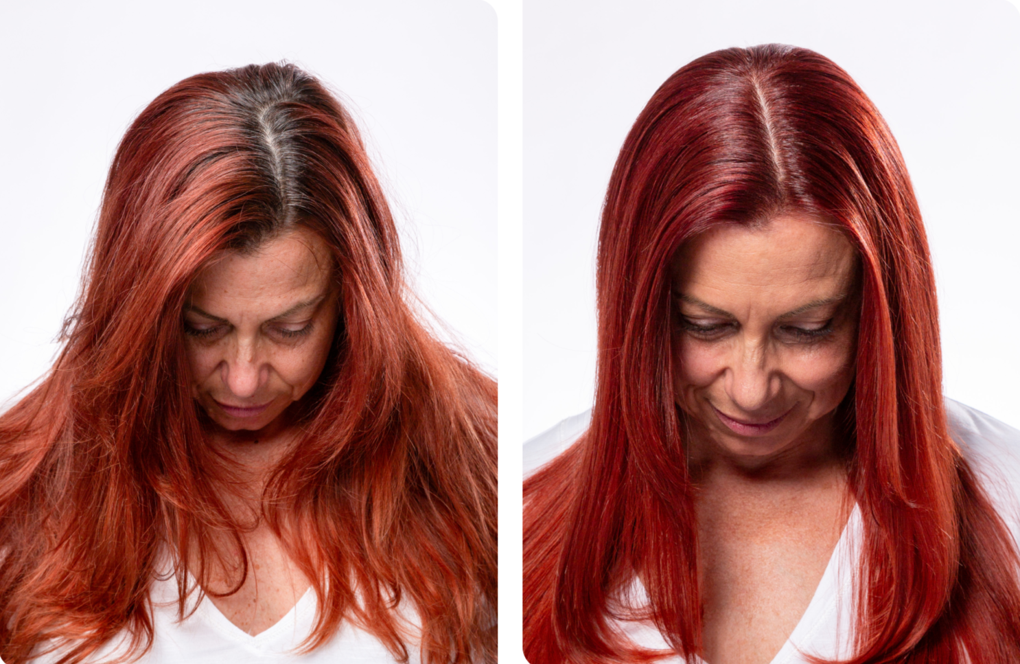 Before and after comparison of a woman with red hair on a white background