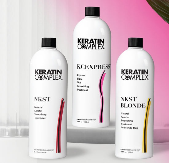 Three Keratin Complex liter treatments: NKST, KCEXPRESS, and NKST BLONDE are displayed against a light pink and white background. 