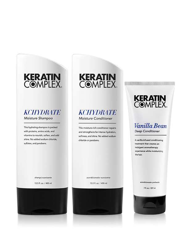 Three Keratin Complex haircare products on a white background: Khydraate Moisture Shampoo, Khydraate Moisture Conditioner, and Vanilla Bean Deep Conditioner.