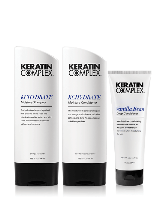 Three Keratin Complex haircare products on a white background: Khydraate Moisture Shampoo, Khydraate Moisture Conditioner, and Vanilla Bean Deep Conditioner.