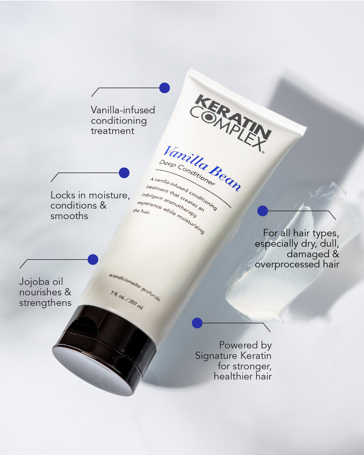 A tube of Keratin Complex Vanilla Bean Deep Conditioner