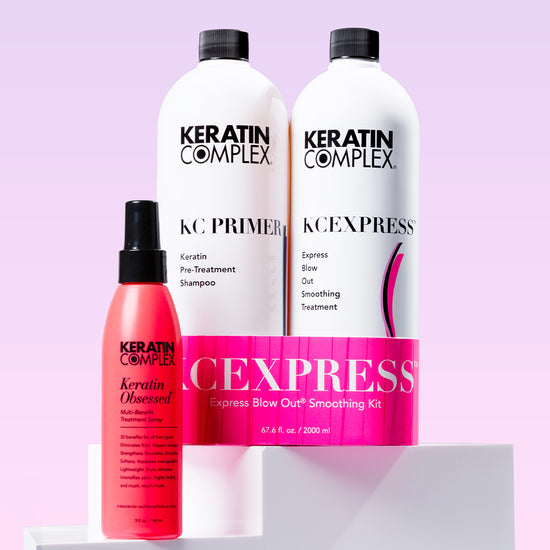 Keratin Complex KCEXPRESS and Keratin Obsessed Multi-Benefit Treatment Spray, displayed against a soft gradient background.