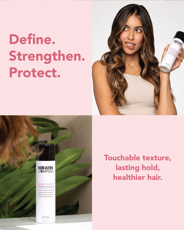 A four-panel graphic with the model and KCDEFINITION ||Define. Strengthen. Protect. Touchable texture, lasting hold, healthier hair. 