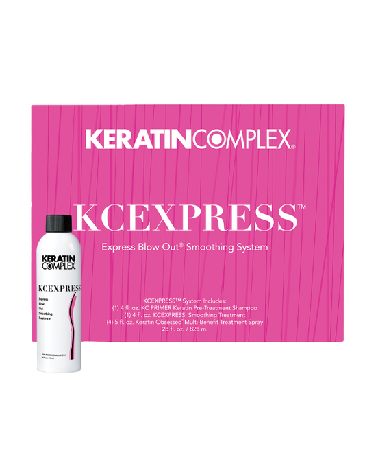 Pink KCEXPRESS box with bottle on white background 