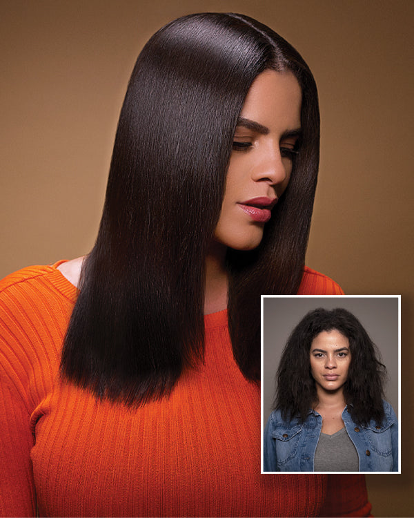 Before and after of a woman with long dark hair — on the right bottom, her hair is frizzy; on the right top, it’s smooth